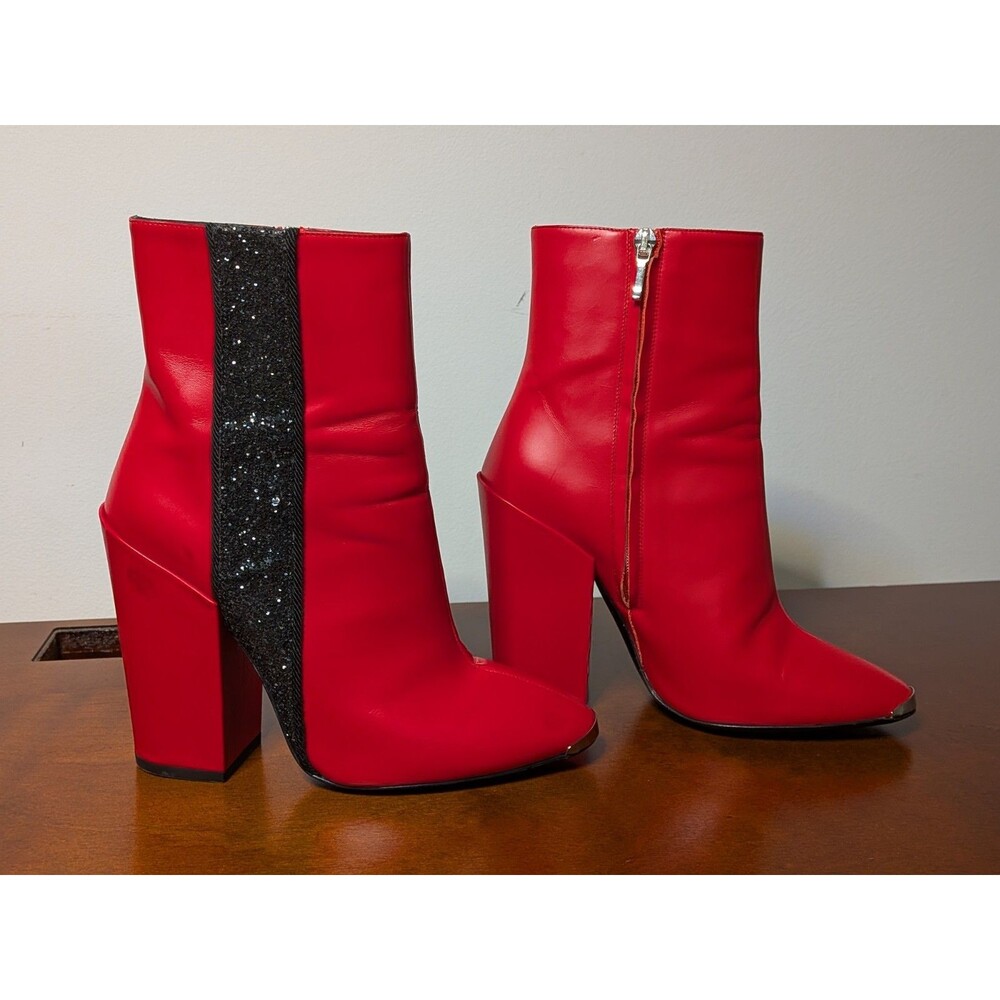 AMIRI Red Leather Ankle Boots Glitter Stripe Pointed Toe Made in Italy, sz 38/7